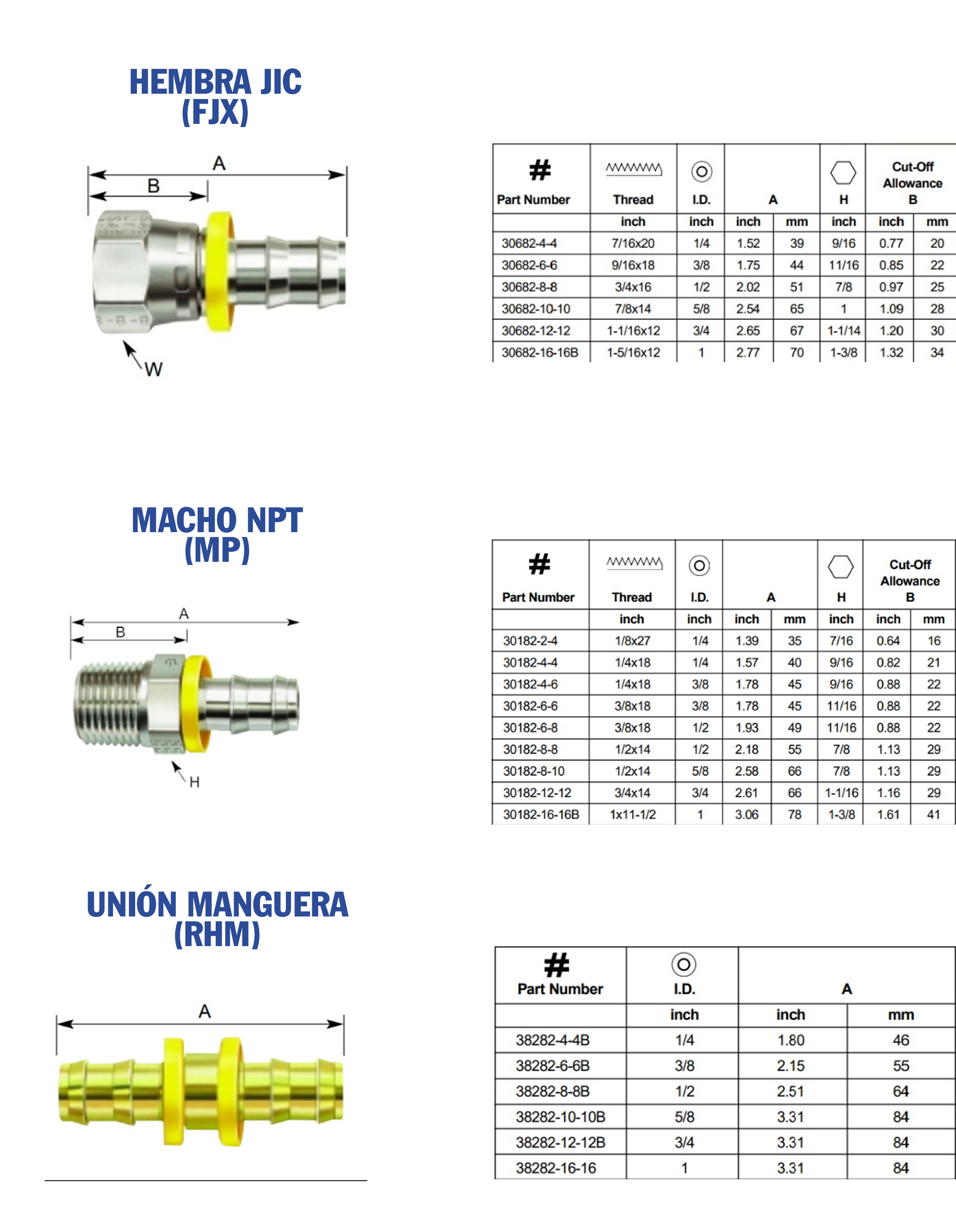 Push Lock, Hembra JIC, FJX, Macho NPT, MP